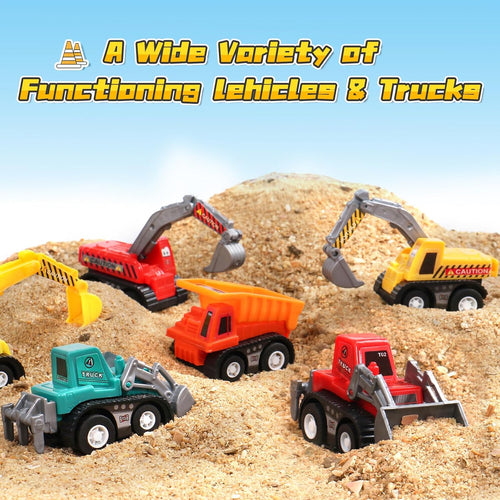 MonotrakStudio Construction Toy Cars, Mini Pull-Back Trucks for Kids